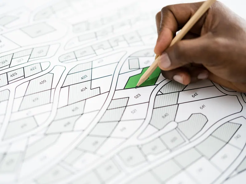 A hand shades one plot green with a pencil on a printed site subdivision map.